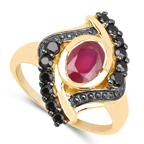 14K Yellow Gold Plated 2.24 Carat Genuine Glass Filled Ruby & Black Spinel .925 Sterling Silver Ring