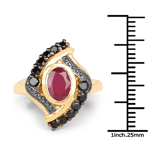 14K Yellow Gold Plated 2.24 Carat Genuine Glass Filled Ruby & Black Spinel .925 Sterling Silver Ring
