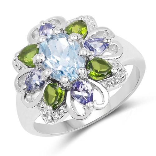 Rings-2.84 Carat Genuine Blue Topaz, Chrome Diopside and Tanzanite .925 Sterling Silver Ring