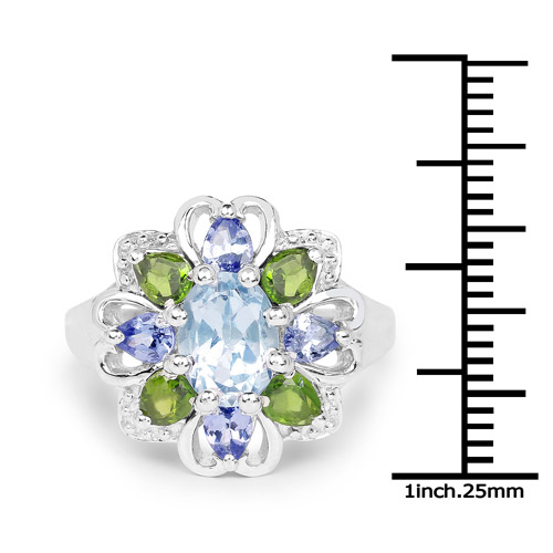 2.84 Carat Genuine Blue Topaz, Chrome Diopside and Tanzanite .925 Sterling Silver Ring