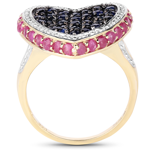 14K Yellow Gold Plated 1.77 Carat Genuine Ruby & Blue Sapphire .925 Sterling Silver Ring