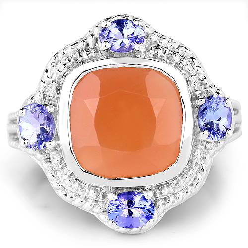 4.23 Carat Genuine Peach Moonstone and Tanzanite .925 Sterling Silver Ring