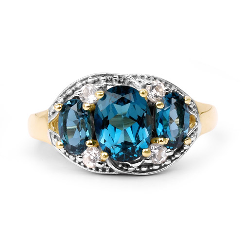14K Yellow Gold Plated 2.77 Carat Genuine London Blue Topaz and White Topaz .925 Sterling Silver Ring
