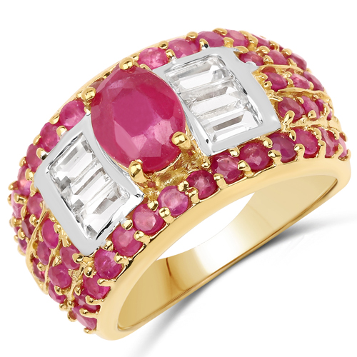 Ruby-4.23 Carat Glass Filled Ruby and White Topaz .925 Sterling Silver Ring