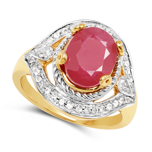 14K Yellow Gold Plated 3.66 Carat Genuine Glass Filled Ruby & White Topaz .925 Sterling Silver Ring