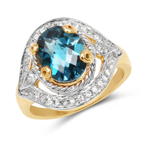Rings-14K Yellow Gold Plated 3.40 Carat Genuine Blue Topaz and White Topaz .925 Sterling Silver Ring