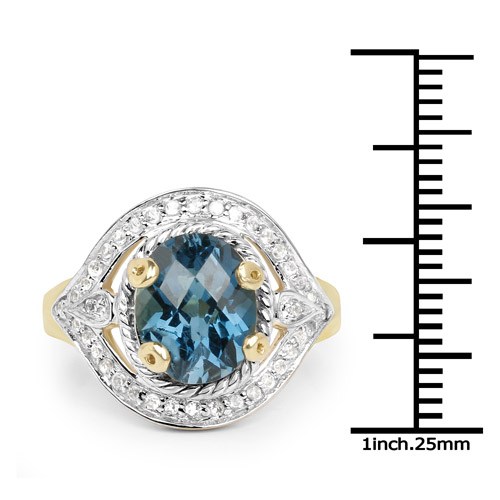 14K Yellow Gold Plated 3.40 Carat Genuine Blue Topaz and White Topaz .925 Sterling Silver Ring