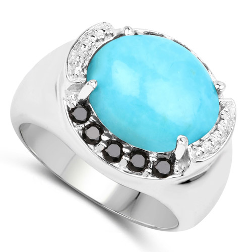 4.58 Carat Genuine Turquoise and Black Spinel .925 Sterling Silver Ring