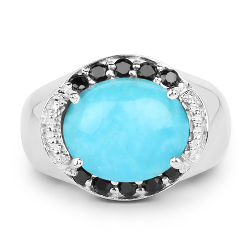 4.58 Carat Genuine Turquoise and Black Spinel .925 Sterling Silver Ring