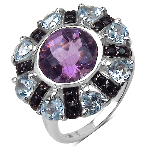 6.12 Carat Genuine Amethyst, Blue Topaz & Black Spinel .925 Sterling Silver Ring