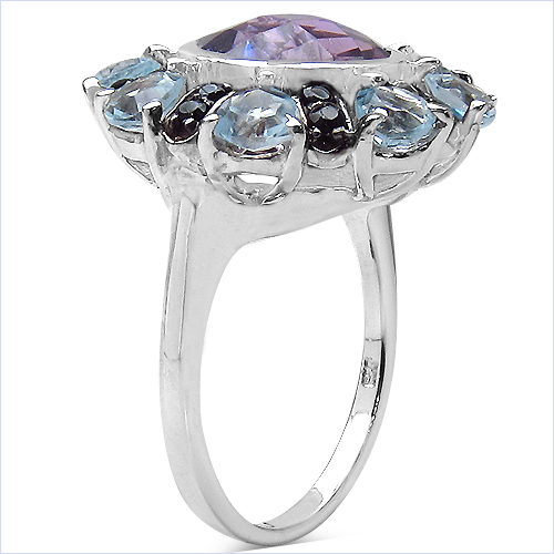 6.12 Carat Genuine Amethyst, Blue Topaz & Black Spinel .925 Sterling Silver Ring