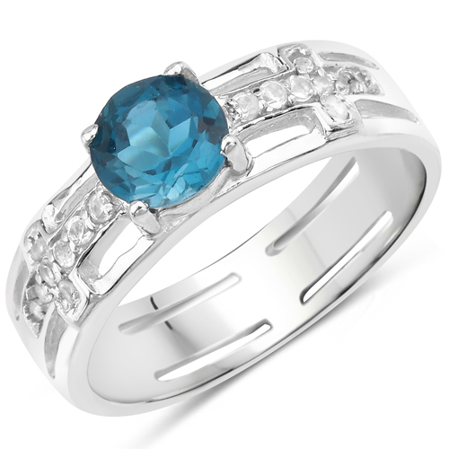 Rings-1.24 Carat Genuine London Blue Topaz and White Topaz .925 Sterling Silver Ring