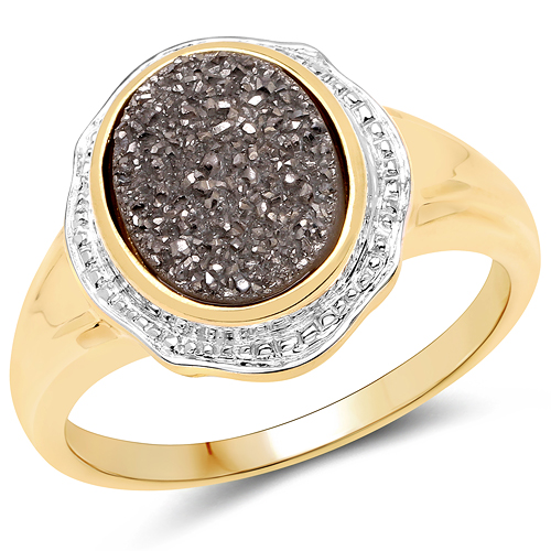 Rings-14K Yellow Gold Plated 4.50 Carat Genuine Drusy Quartz .925 Sterling Silver Ring