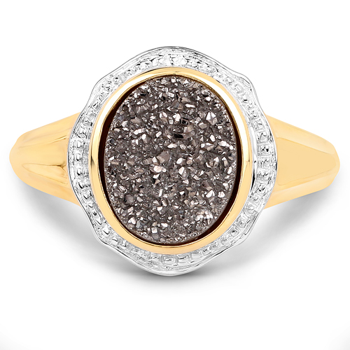 14K Yellow Gold Plated 4.50 Carat Genuine Drusy Quartz .925 Sterling Silver Ring