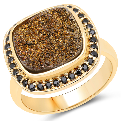 Rings-14K Yellow Gold Plated 6.19 Carat Genuine Drusy Quartz and Black Spinel .925 Sterling Silver Ring