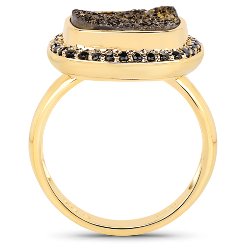 14K Yellow Gold Plated 6.19 Carat Genuine Drusy Quartz and Black Spinel .925 Sterling Silver Ring