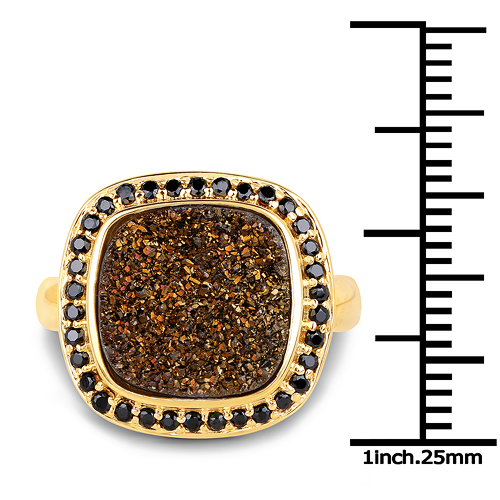 14K Yellow Gold Plated 6.19 Carat Genuine Drusy Quartz and Black Spinel .925 Sterling Silver Ring