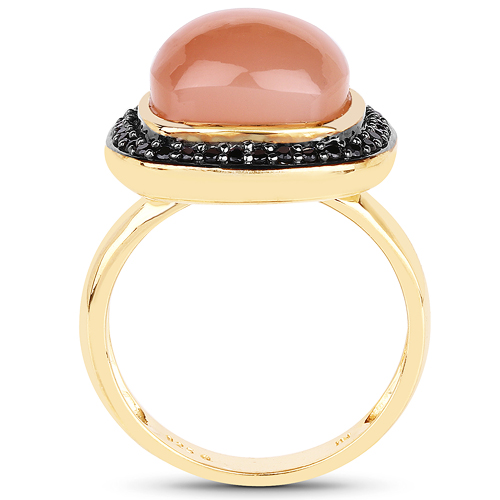 14K Yellow Gold Plated 7.50 ct. t.w. Peach Moonstone and Black Spinel Ring in Sterling Silver