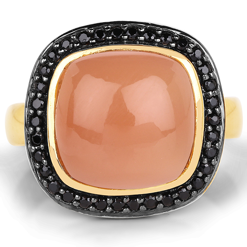 14K Yellow Gold Plated 7.50 ct. t.w. Peach Moonstone and Black Spinel Ring in Sterling Silver