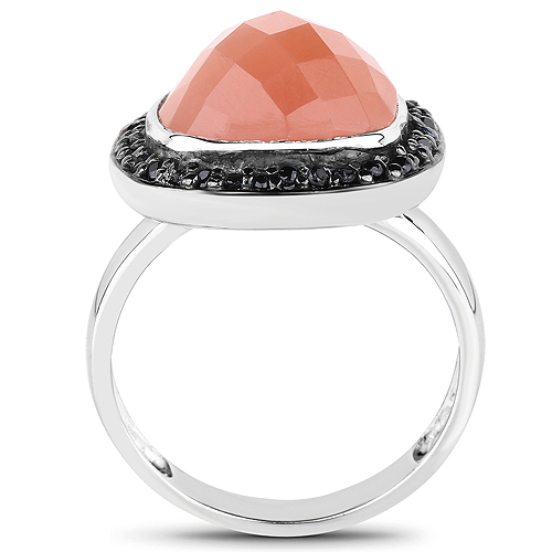 6.46 Carat Genuine Peach Moonstone and Black Spinel .925 Sterling Silver Ring
