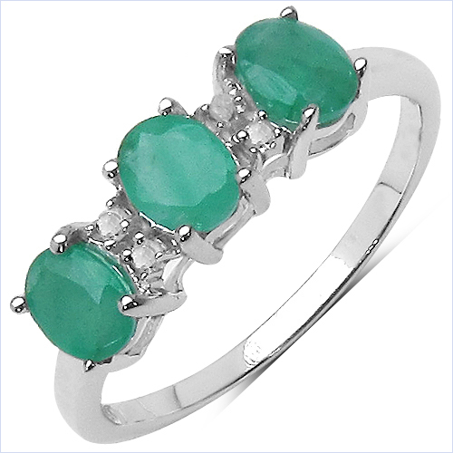 Emerald-1.00 Carat Genuine Emerald & White Diamond .925 Sterling Silver Ring