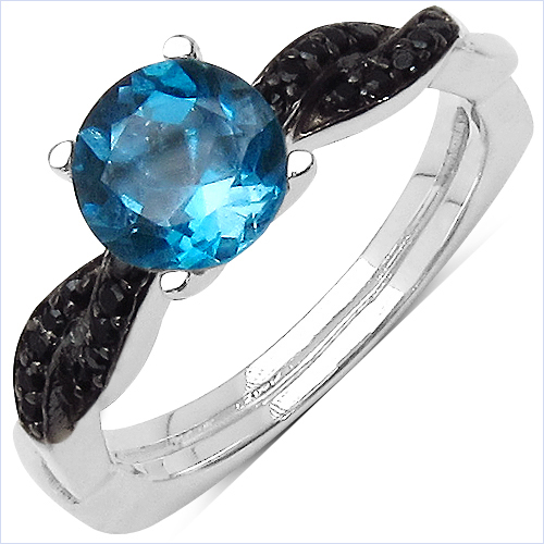 Rings-1.69 Carat Genuine London Blue Topaz and Black Spinel .925 Sterling Silver Ring