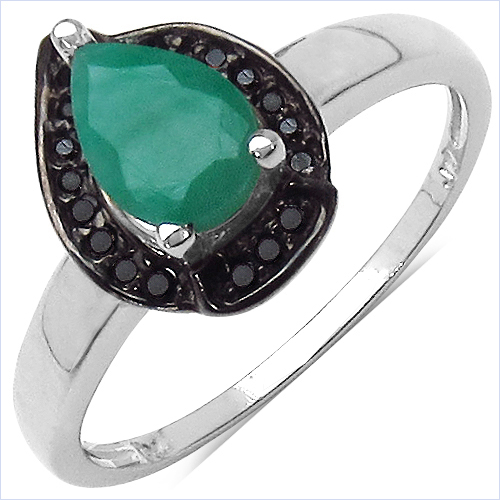 Emerald-0.94 Carat Genuine Emerald & Black Spinel .925 Sterling Silver Ring