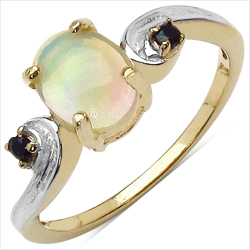 Opal-14K Yellow Gold Plated 0.90 Carat Genuine Ethiopian Opal & Black Spinel .925 Sterling Silver Ring