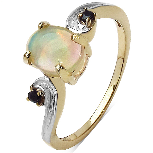 14K Yellow Gold Plated 0.90 Carat Genuine Ethiopian Opal & Black Spinel .925 Sterling Silver Ring