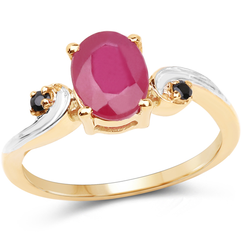 Ruby-14K Yellow Gold Plated 1.67 Carat Glass Filled Ruby and Black Spinel .925 Sterling Silver Ring