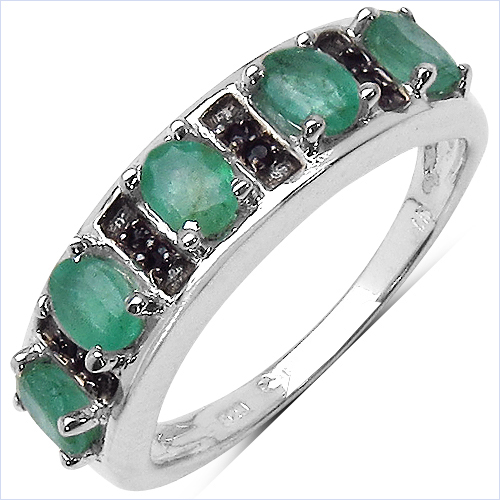 Emerald-0.88 Carat Genuine Emerald & Black Spinel .925 Sterling Silver Ring