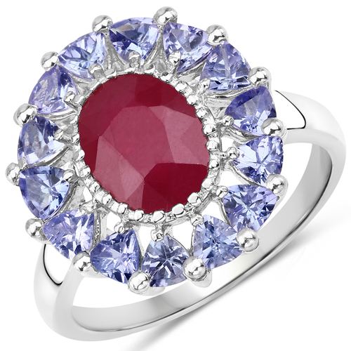 Ruby-3.70 Carat Glass Filled Ruby and Tanzanite .925 Sterling Silver Ring