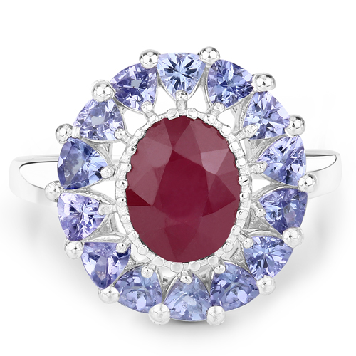 3.70 Carat Glass Filled Ruby and Tanzanite .925 Sterling Silver Ring