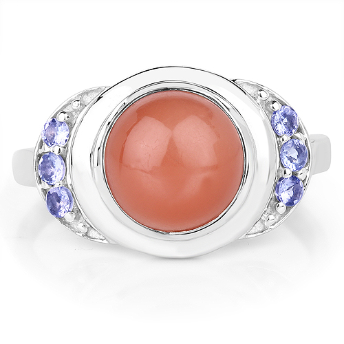 3.01 Carat Genuine Peach Moonstone and Tanzanite .925 Sterling Silver Ring