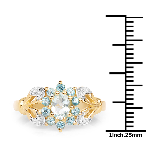 14K Yellow Gold Plated 0.83 Carat Genuine Aquamarine & London Blue Topaz .925 Sterling Silver Ring