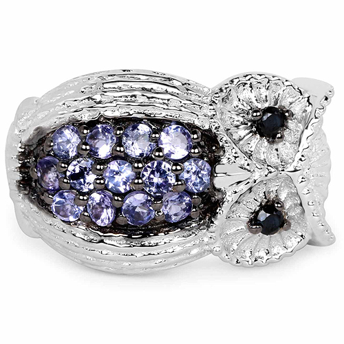 0.80 Carat Genuine Tanzanite and Black Spinel .925 Sterling Silver Ring