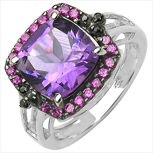 Amethyst-3.87 Carat Amethyst, Created Ruby and Black Spinel .925 Sterling Silver Ring