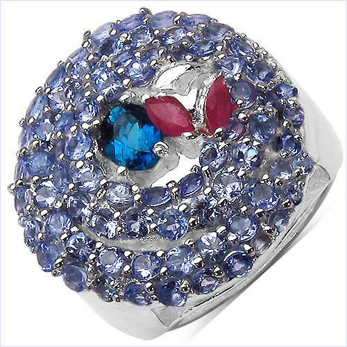 Rings-3.31 Carat Genuine London Blue Topaz , Ruby & Tanzanite .925 Sterling Silver Ring