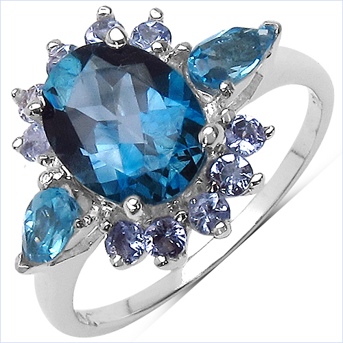 Rings-3.29 Carat Genuine London Blue Topaz , Swiss Blue Topaz & Tanzanite .925 Sterling Silver Ring