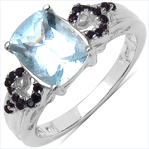 Rings-1.92 Carat Genuine Aquamarine & Black Spinel .925 Sterling Silver Ring