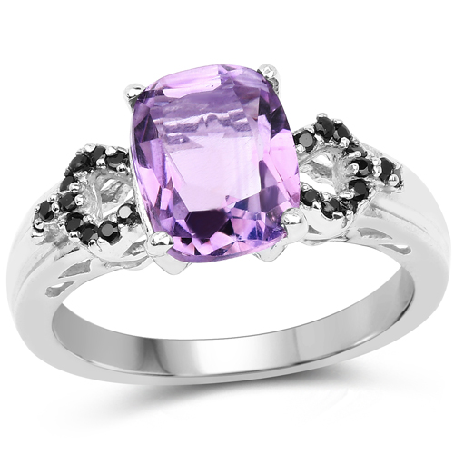 Amethyst-1.60 Carat Genuine Amethyst and Black Spinel .925 Sterling Silver Ring