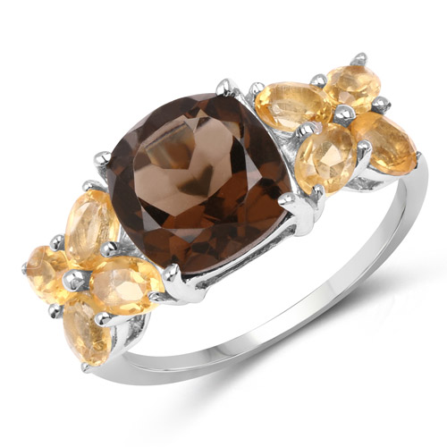 Rings-3.20 Carat Genuine Smoky Quartz and Citrine .925 Sterling Silver Ring