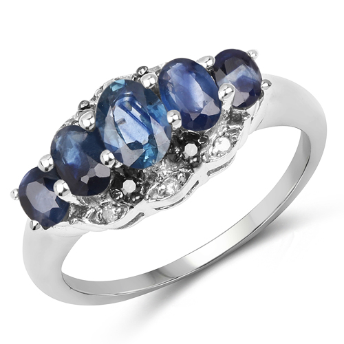 Sapphire-1.49 Carat Genuine Blue Sapphire, Black Diamond & White Diamond .925 Sterling Silver Ring