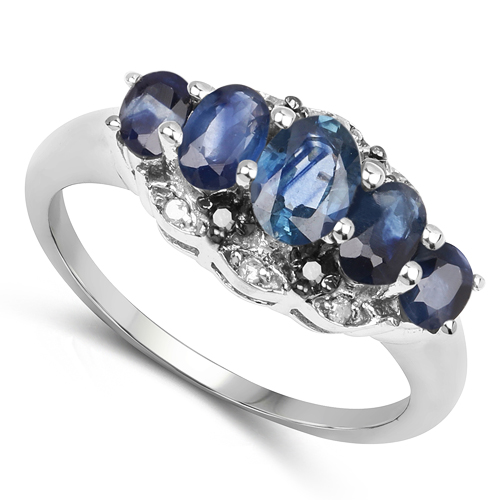1.49 Carat Genuine Blue Sapphire, Black Diamond & White Diamond .925 Sterling Silver Ring