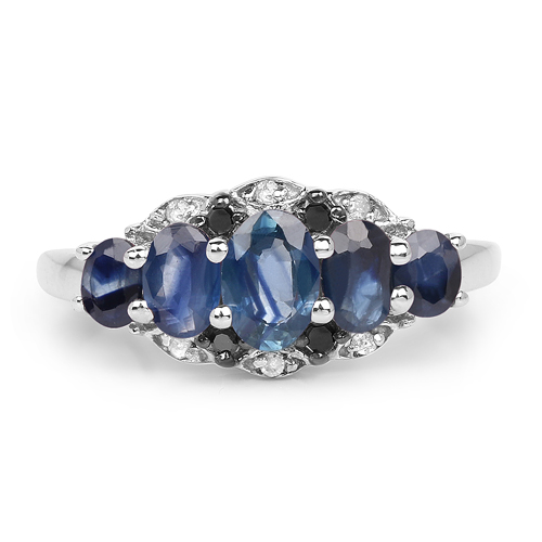 1.49 Carat Genuine Blue Sapphire, Black Diamond & White Diamond .925 Sterling Silver Ring