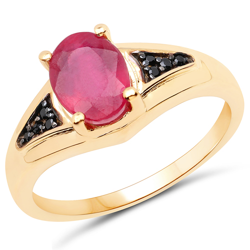 Ruby-14K Yellow Gold Plated 1.66 Carat Glass Filled Ruby and Black Spinel .925 Sterling Silver Ring
