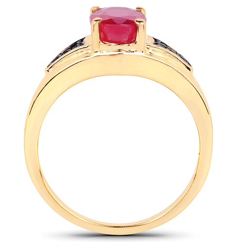 14K Yellow Gold Plated 1.66 Carat Glass Filled Ruby and Black Spinel .925 Sterling Silver Ring