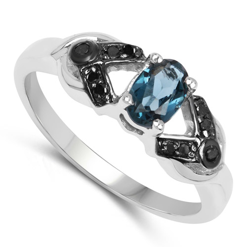 0.60 Carat Genuine London Blue Topaz and Black Diamond .925 Sterling Silver Ring