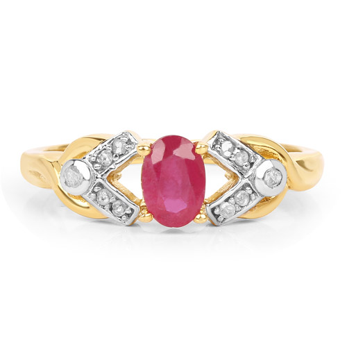 14K Yellow Gold Plated 0.58 Carat Genuine Ruby and White Diamond .925 Sterling Silver Ring