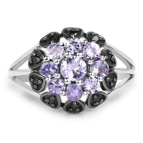 1.18 Carat Genuine Tanzanite and Black Spinel .925 Sterling Silver Ring